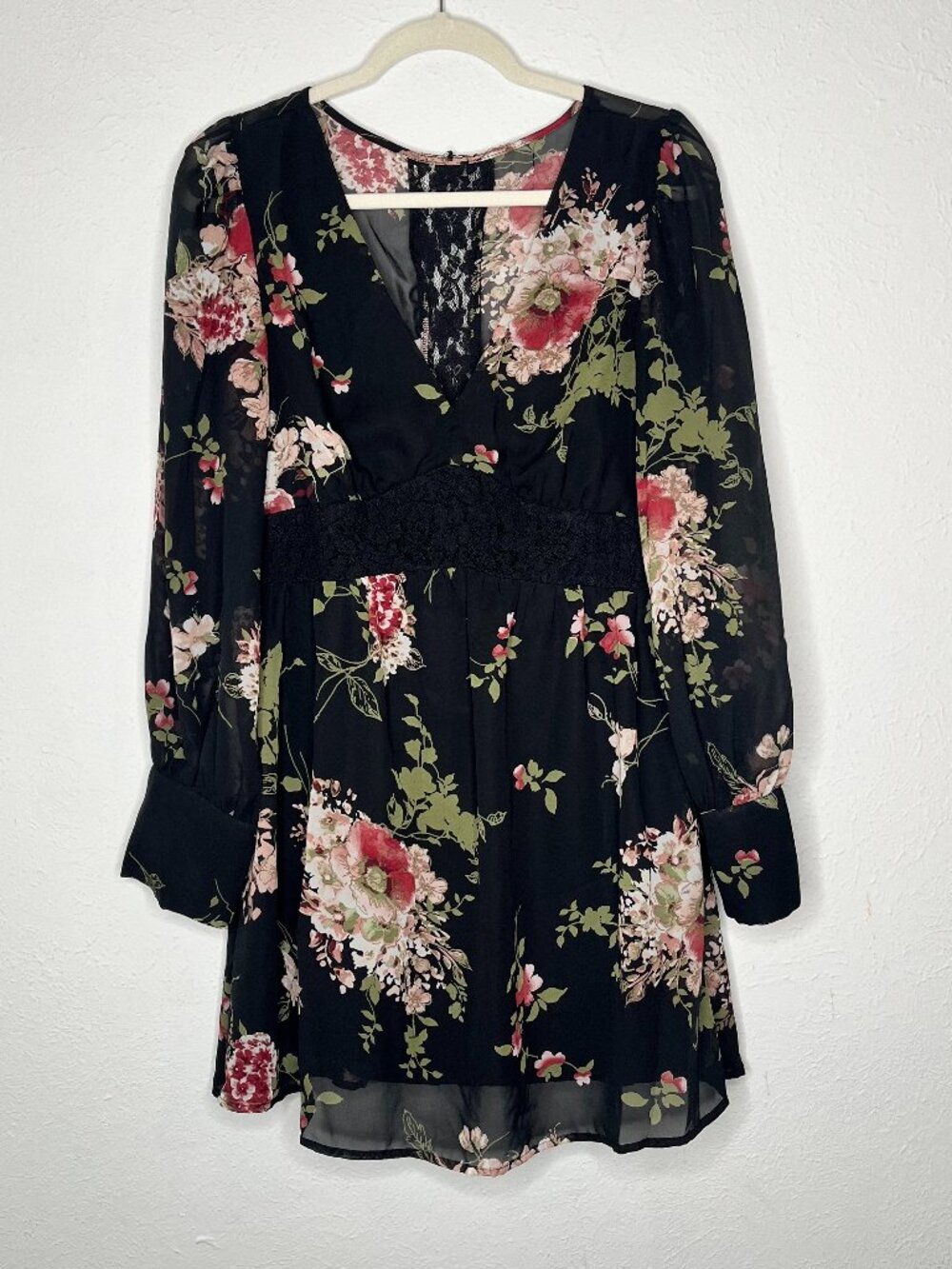 Women's Baily Blue Sheer Lined Floral A-Line Long Sleeve Blouse Dress Size 12